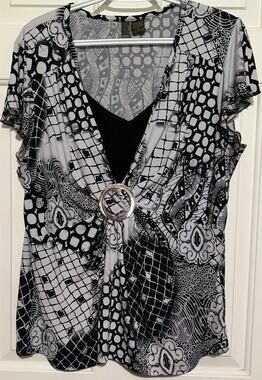 Serenade New York Women's Black Gray Overlay Tank Short Sleeve Blouse Size 2X‎